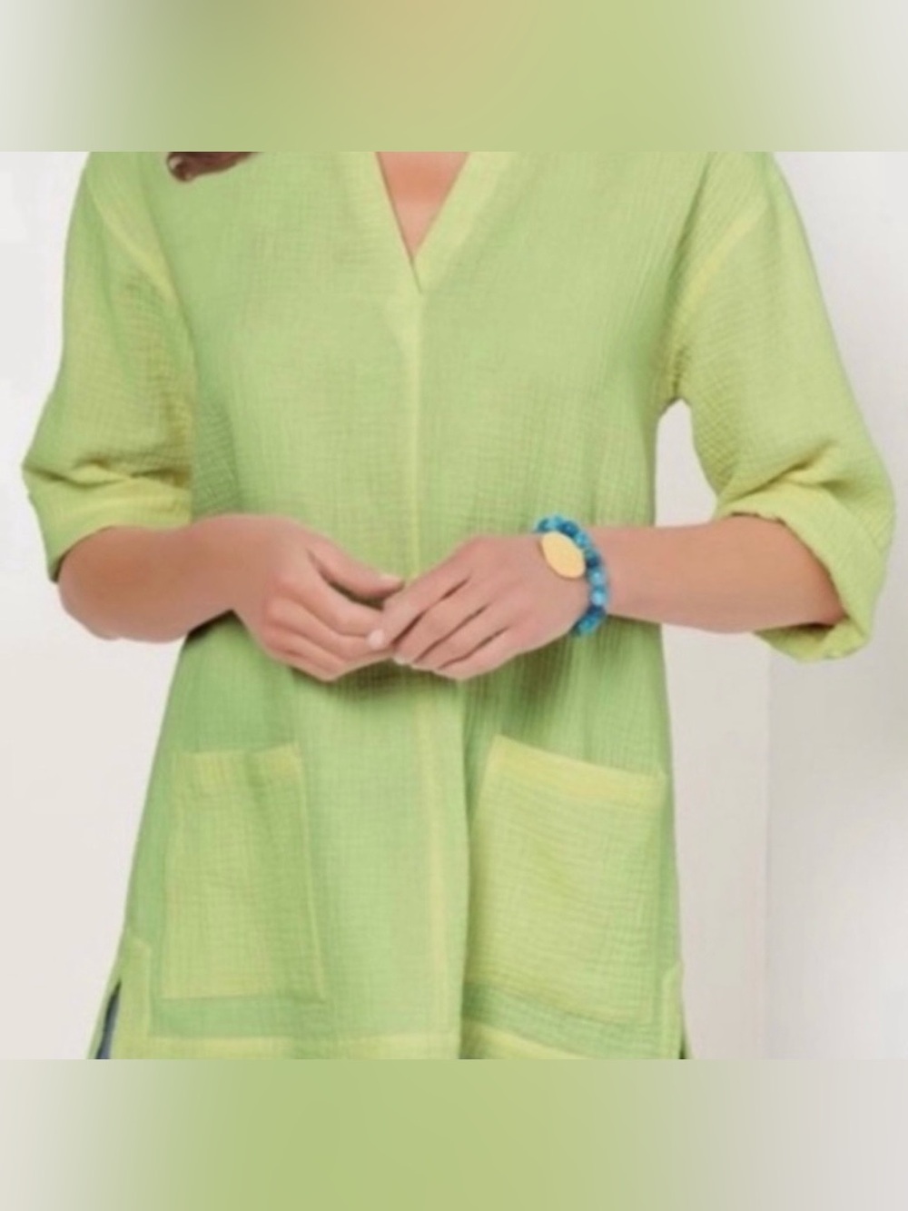 Soft Surroundings Araza Gauze V Neck Shirt Cotton Margarita Green Lightweight